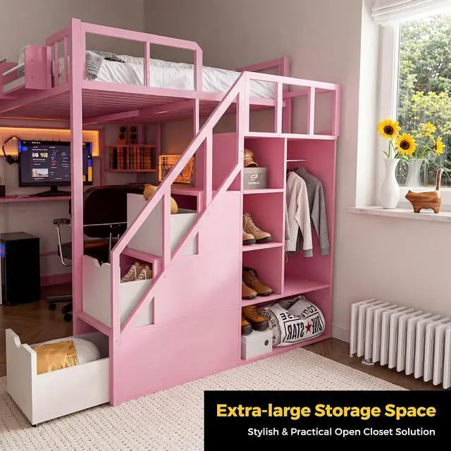 Alt view image 5 of 7 - Full Size Loft Bed with Desk and Stairs, Headboard, Wardrobe, Bedside Storage Shelf, 6 Drawers, Charging Station & LED Light, Metal Gaming Loft Bed Frame for Adult Space-Saving