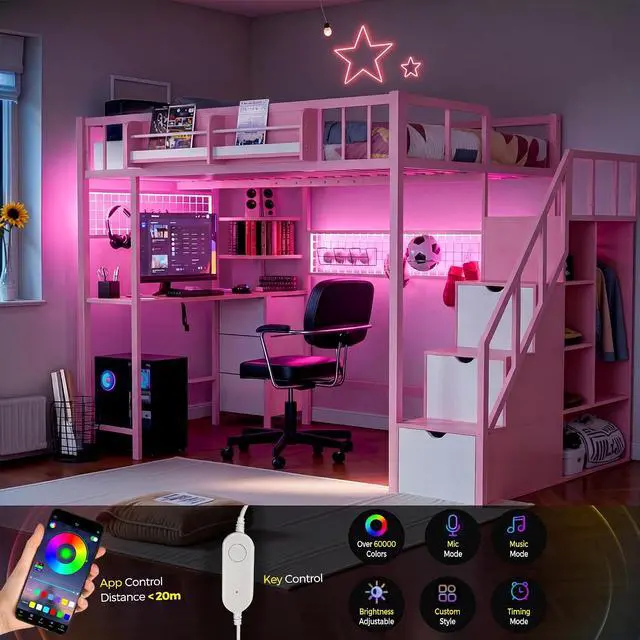 Alt view image 7 of 7 - Full Size Loft Bed with Desk and Stairs, Headboard, Wardrobe, Bedside Storage Shelf, 6 Drawers, Charging Station & LED Light, Metal Gaming Loft Bed Frame for Adult Space-Saving