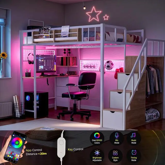 Alt view image 2 of 7 - Twin Loft Bed with Desk, Storage Stairs & Wardrobe, Metal Loft Bed Frame w/Headboard, Bedside Shelf, Charging Station & 6 Drawers, LED Gaming Bed for Adult Space-Saving