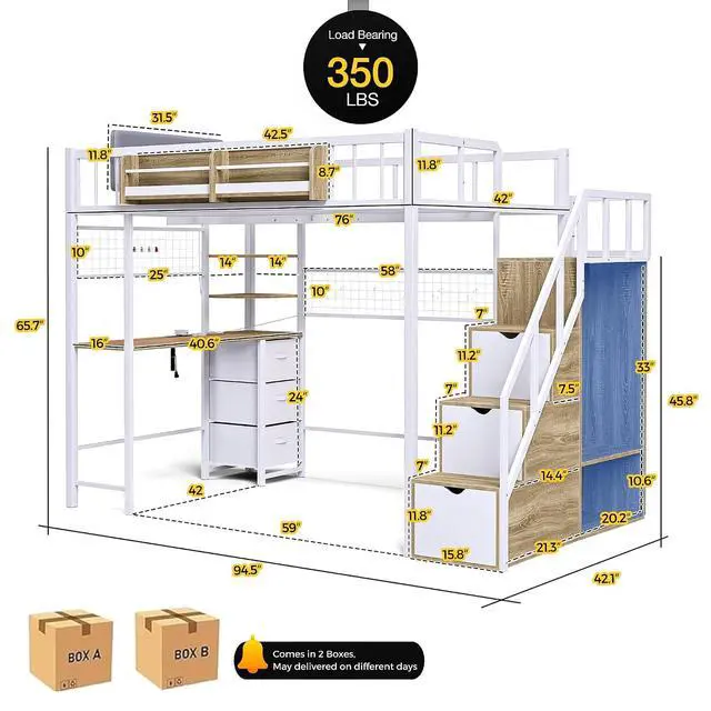 Alt view image 3 of 7 - Twin Loft Bed with Desk, Storage Stairs & Wardrobe, Metal Loft Bed Frame w/Headboard, Bedside Shelf, Charging Station & 6 Drawers, LED Gaming Bed for Adult Space-Saving