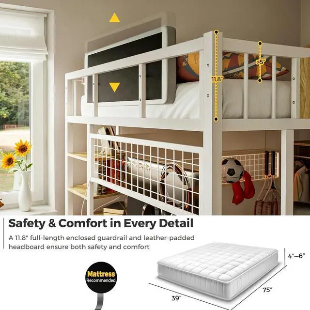 Alt view image 6 of 7 - Twin Loft Bed with Desk, Storage Stairs & Wardrobe, Metal Loft Bed Frame w/Headboard, Bedside Shelf, Charging Station & 6 Drawers, LED Gaming Bed for Adult Space-Saving