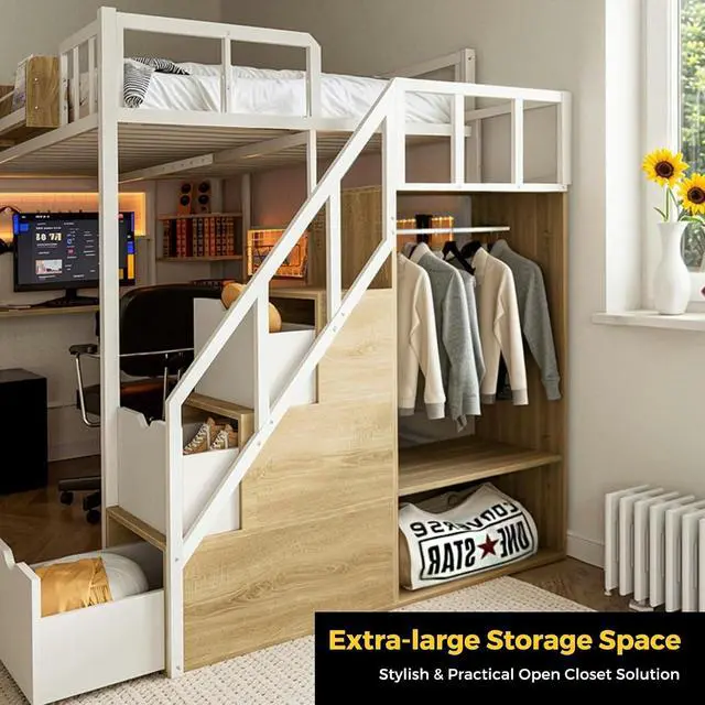 Alt view image 7 of 7 - Twin Loft Bed with Desk, Storage Stairs & Wardrobe, Metal Loft Bed Frame w/Headboard, Bedside Shelf, Charging Station & 6 Drawers, LED Gaming Bed for Adult Space-Saving