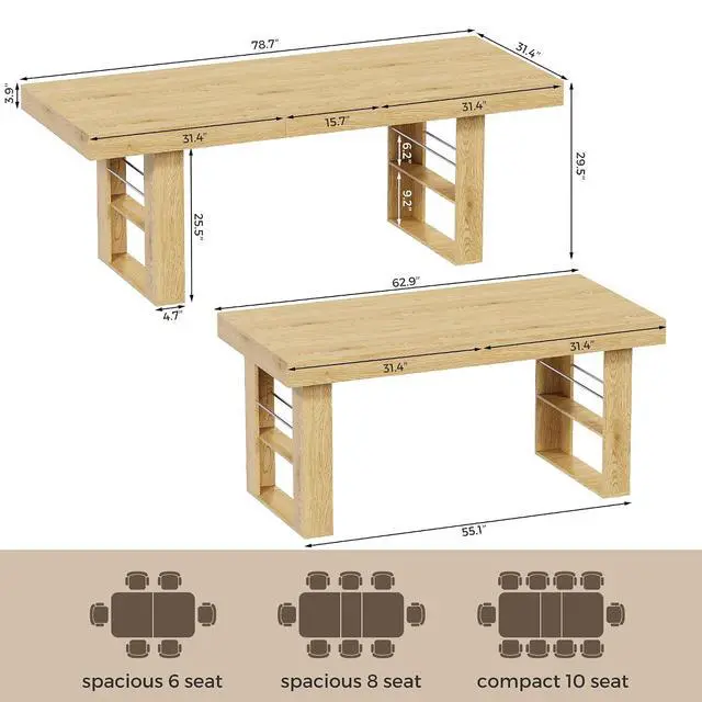 Alt view image 2 of 7 - 63"-78" Extendable Dining Table Rectangle Kitchen Table for 6-8 (Natural) | Table Leg Storage Shelf, Thickened Natural Wood Grain Tabletop, Modern Farmhouse Style, Kitchen, Dining, Office, Gatherings