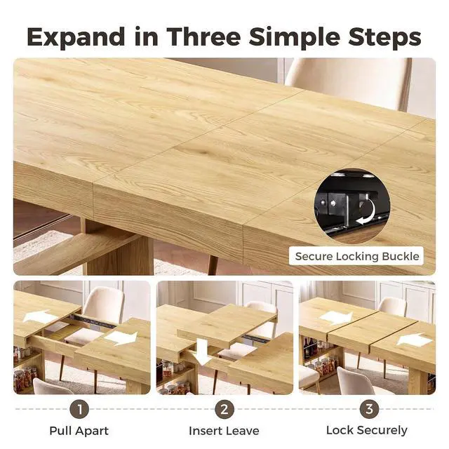Alt view image 3 of 7 - 63"-78" Extendable Dining Table Rectangle Kitchen Table for 6-8 (Natural) | Table Leg Storage Shelf, Thickened Natural Wood Grain Tabletop, Modern Farmhouse Style, Kitchen, Dining, Office, Gatherings