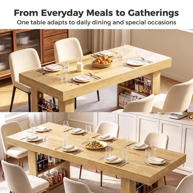 Alt view image 4 of 7 - 63"-78" Extendable Dining Table Rectangle Kitchen Table for 6-8 (Natural) | Table Leg Storage Shelf, Thickened Natural Wood Grain Tabletop, Modern Farmhouse Style, Kitchen, Dining, Office, Gatherings