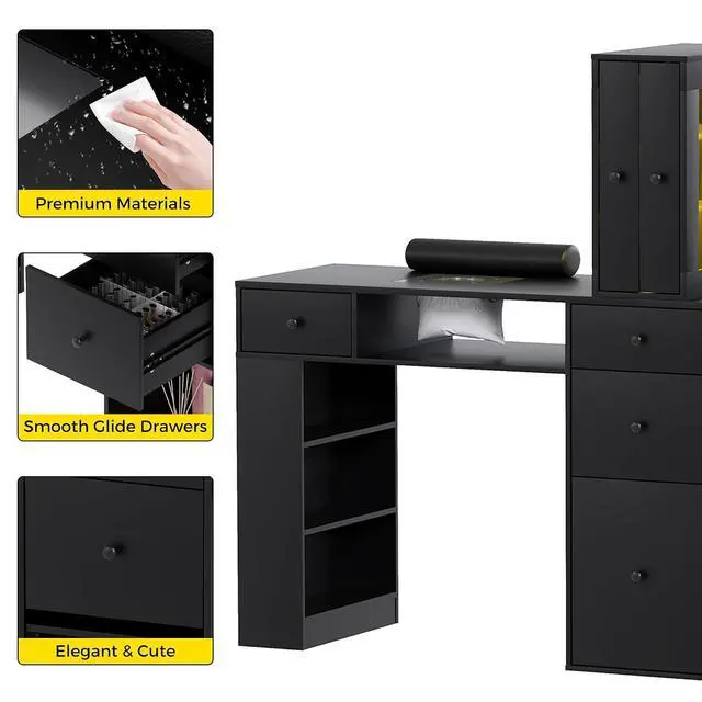 Alt view image 6 of 7 - Double Manicure Table with Dust Collector, Two Person Nail Desk for Nail Tech, Nail Salon Table with LED Light Cabinet, Storage Drawers, Hand Rest, for Professional Beauty Salon Workstation (Black)