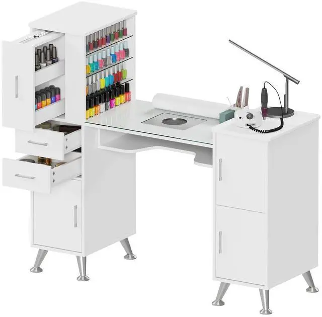 Main image of Manicure Table Nail Station w/Glass Top, Dust Collector, 4 Dust Bags, Storage Drawers & Cabinets, Nail Desk Beauty Salon Workstation (White)