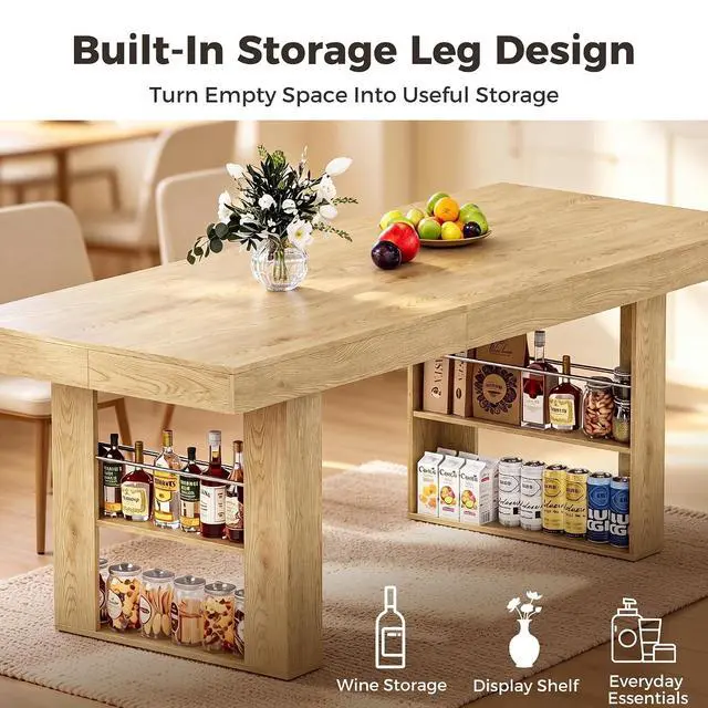 Alt view image 5 of 7 - 63"-78" Extendable Dining Table Rectangle Kitchen Table for 6-8 (Natural) | Table Leg Storage Shelf, Thickened Natural Wood Grain Tabletop, Modern Farmhouse Style, Kitchen, Dining, Office, Gatherings