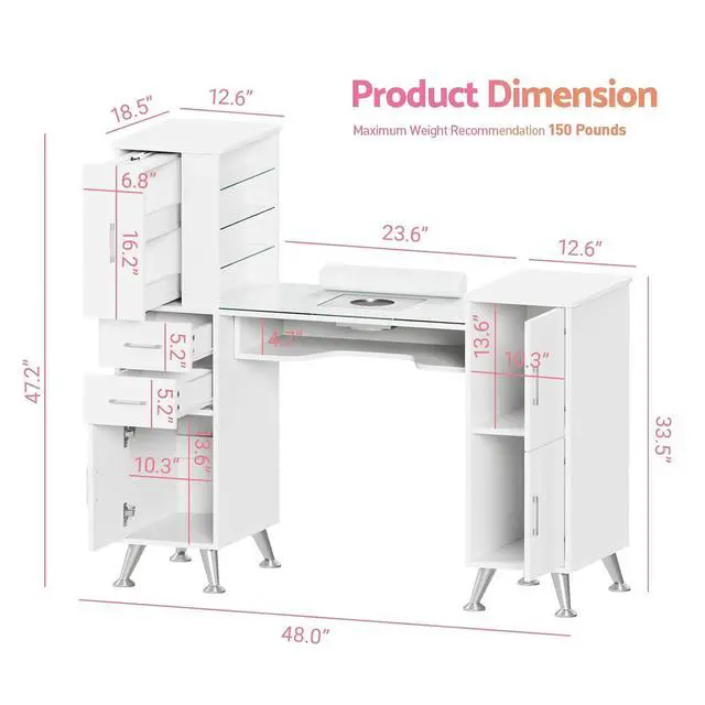 Alt view image 3 of 7 - Manicure Table Nail Station w/Glass Top, Dust Collector, 4 Dust Bags, Storage Drawers & Cabinets, Nail Desk Beauty Salon Workstation (White)