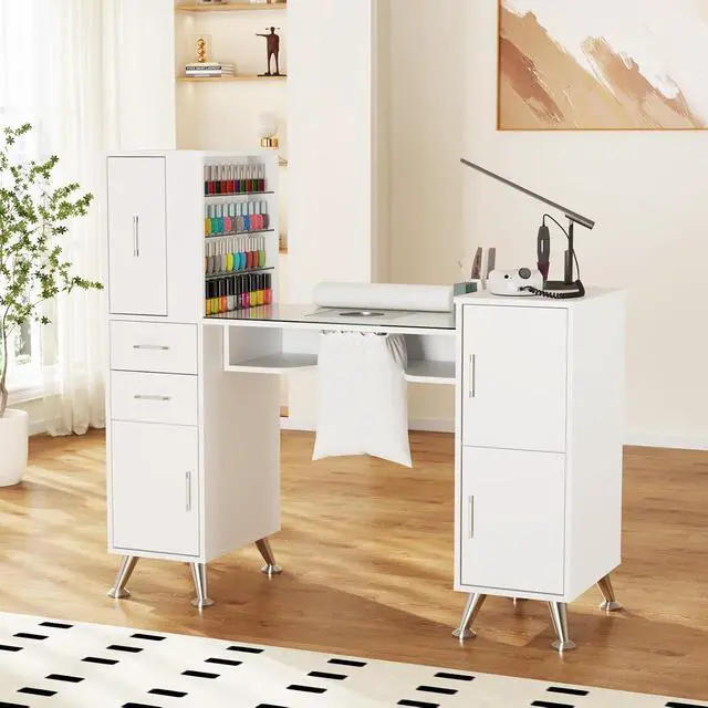 Alt view image 2 of 7 - Manicure Table Nail Station w/Glass Top, Dust Collector, 4 Dust Bags, Storage Drawers & Cabinets, Nail Desk Beauty Salon Workstation (White)