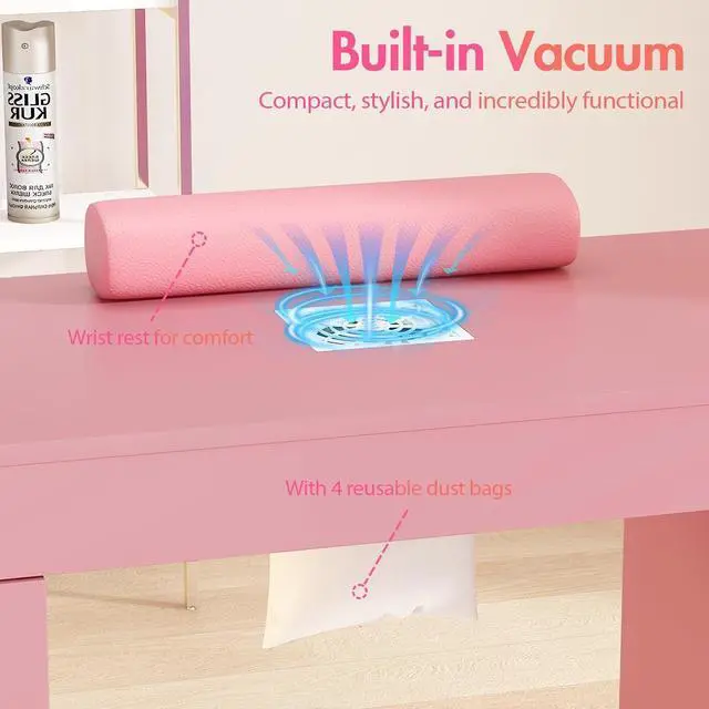 Alt view image 6 of 7 - Manicure Table for Nail Tech w/ LED Light Display Cabinet, Nail Desk with Lockable Wheels, Dust Collector, Drawers, Wrist Rest, Acetone-Resistant, for Beauty Salon, Spa & Home Workstation (Pink)