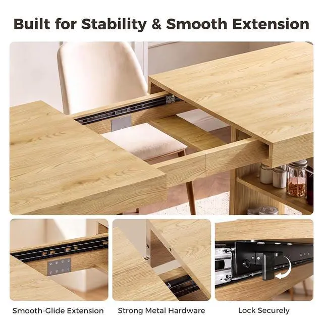 Alt view image 7 of 7 - 63"-78" Extendable Dining Table Rectangle Kitchen Table for 6-8 (Natural) | Table Leg Storage Shelf, Thickened Natural Wood Grain Tabletop, Modern Farmhouse Style, Kitchen, Dining, Office, Gatherings