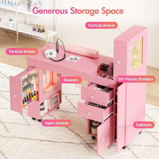 Alt view image 7 of 7 - Manicure Table for Nail Tech w/ LED Light Display Cabinet, Nail Desk with Lockable Wheels, Dust Collector, Drawers, Wrist Rest, Acetone-Resistant, for Beauty Salon, Spa & Home Workstation (Pink)