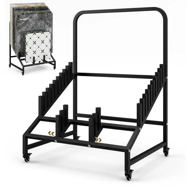 Main image of 12-Tier Tile Display Stand with Adjustable Slots, Rolling Metal Tile Rack for Display, Tile Display Cart for Exhibition, Retail and Trade Shows (2)