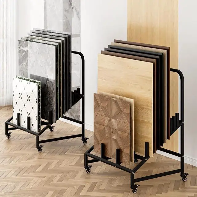 Alt view image 3 of 7 - 12-Tier Tile Display Stand with Adjustable Slots, Rolling Metal Tile Rack for Display, Tile Display Cart for Exhibition, Retail and Trade Shows (2)