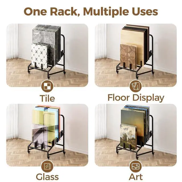 Alt view image 4 of 7 - 12-Tier Rolling Tile Display Stand with Adjustable Slots, Heavy Duty Metal Tile Display Cart with Lockable Wheels for Display for Exhibition, Retail, and Trade Shows