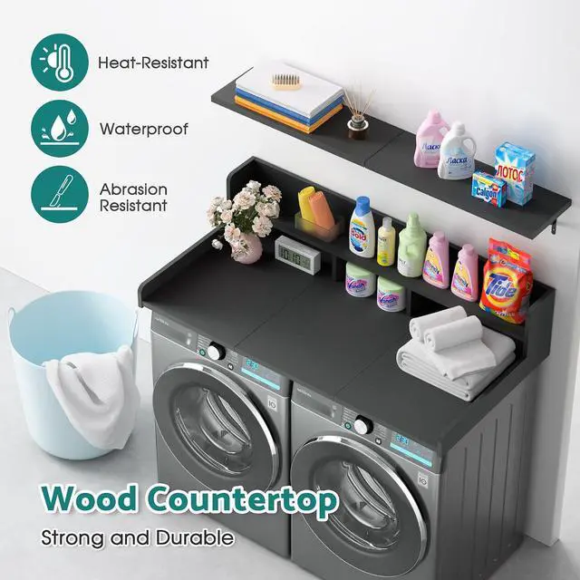 Alt view image 2 of 7 - Washer Dryer Countertop with Floating Shelf, Wooden Laundry Countertop Over Washer and Dryer with Storage, 2-Tier Anti-Slip Laundry Machine Topper (Black)