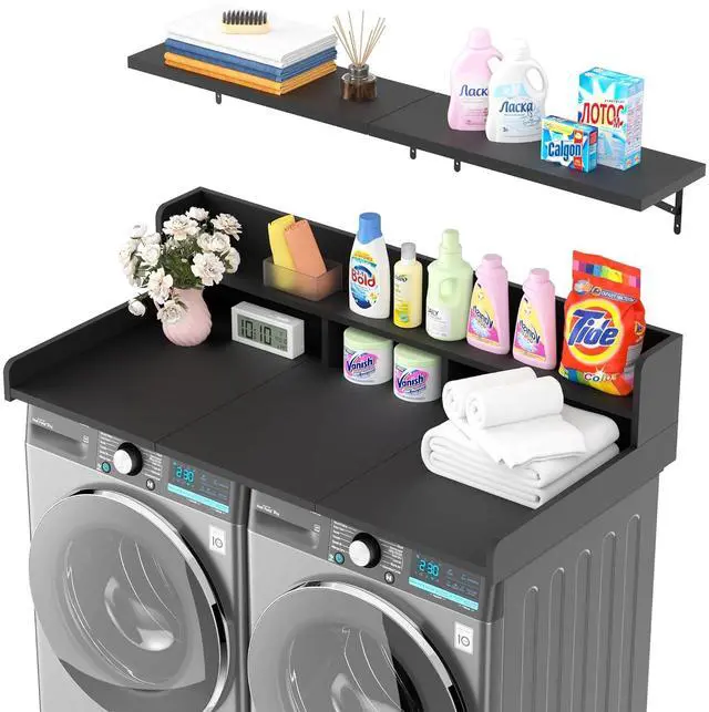 Main image of Washer Dryer Countertop with Floating Shelf, Wooden Laundry Countertop Over Washer and Dryer with Storage, 2-Tier Anti-Slip Laundry Machine Topper (Black)