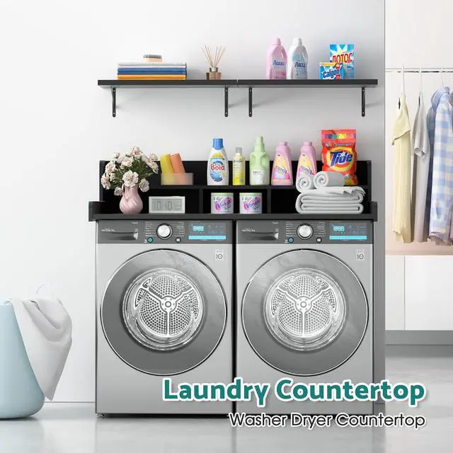 Alt view image 3 of 7 - Washer Dryer Countertop with Floating Shelf, Wooden Laundry Countertop Over Washer and Dryer with Storage, 2-Tier Anti-Slip Laundry Machine Topper (Black)