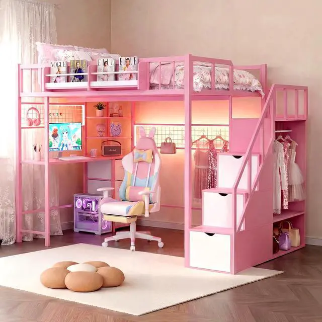 Main image of Twin Size Loft Bed with Desk and Stairs, Headboard, Wardrobe, Bedside Storage Shelf, 6 Drawers, Charging Station & LED Light, Metal Gaming Loft Bed Frame for Adult Space-Saving