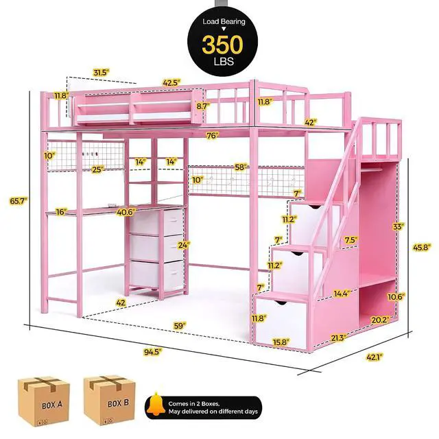 Alt view image 2 of 7 - Twin Size Loft Bed with Desk and Stairs, Headboard, Wardrobe, Bedside Storage Shelf, 6 Drawers, Charging Station & LED Light, Metal Gaming Loft Bed Frame for Adult Space-Saving