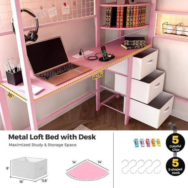 Alt view image 3 of 7 - Twin Size Loft Bed with Desk and Stairs, Headboard, Wardrobe, Bedside Storage Shelf, 6 Drawers, Charging Station & LED Light, Metal Gaming Loft Bed Frame for Adult Space-Saving