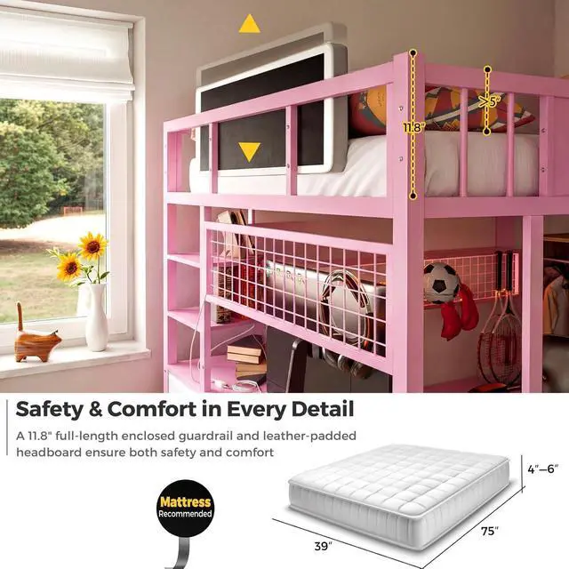 Alt view image 5 of 7 - Twin Size Loft Bed with Desk and Stairs, Headboard, Wardrobe, Bedside Storage Shelf, 6 Drawers, Charging Station & LED Light, Metal Gaming Loft Bed Frame for Adult Space-Saving