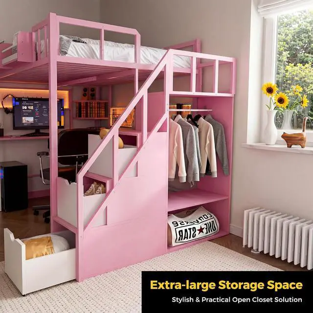Alt view image 6 of 7 - Twin Size Loft Bed with Desk and Stairs, Headboard, Wardrobe, Bedside Storage Shelf, 6 Drawers, Charging Station & LED Light, Metal Gaming Loft Bed Frame for Adult Space-Saving
