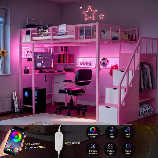 Alt view image 7 of 7 - Twin Size Loft Bed with Desk and Stairs, Headboard, Wardrobe, Bedside Storage Shelf, 6 Drawers, Charging Station & LED Light, Metal Gaming Loft Bed Frame for Adult Space-Saving