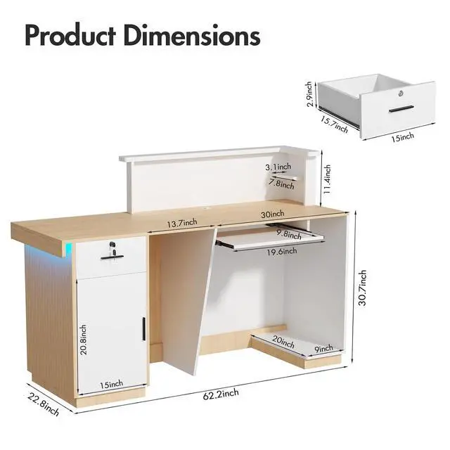 Alt view image 2 of 7 - Modern Reception Desk with LED, 63 Fluted Front Desk with Lockable Drawer, Cabinet and Sliding Tray, Large Reception Counter Table for Office Lobby Nail Salon Clinic (Maple)