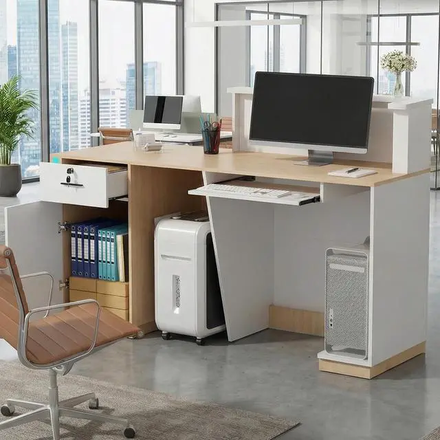 Alt view image 3 of 7 - Modern Reception Desk with LED, 63 Fluted Front Desk with Lockable Drawer, Cabinet and Sliding Tray, Large Reception Counter Table for Office Lobby Nail Salon Clinic (Maple)
