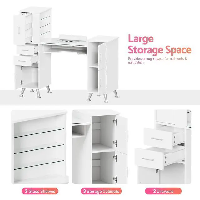 Alt view image 6 of 7 - Manicure Table Nail Station w/Glass Top, Dust Collector, 4 Dust Bags, Storage Drawers & Cabinets, Nail Desk Beauty Salon Workstation (White)