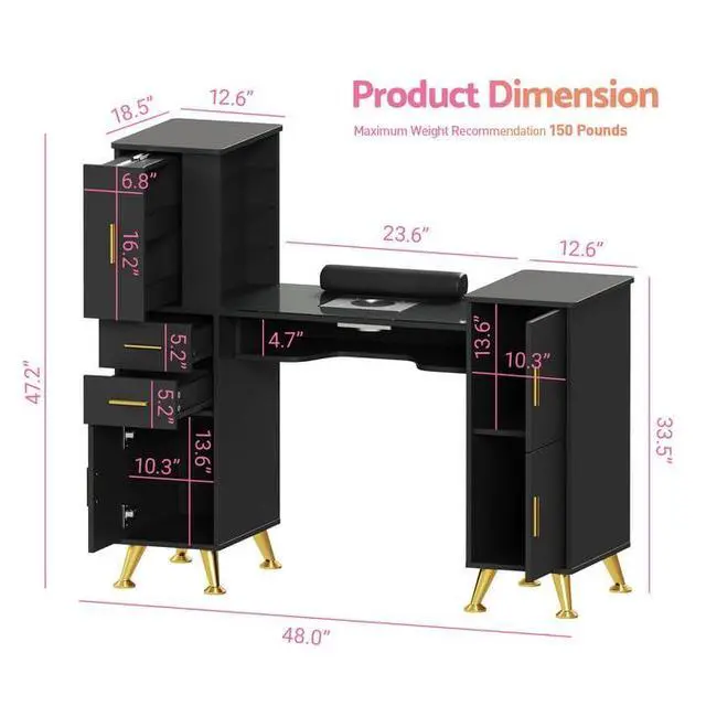 Alt view image 3 of 7 - Manicure Table Nail Desk with Glass Top & Wrist Rest, Nail Station with Dust Collector & 4 Dust Bags, Beauty Salon Workstation with Storage Drawers & Cabinet (Black)