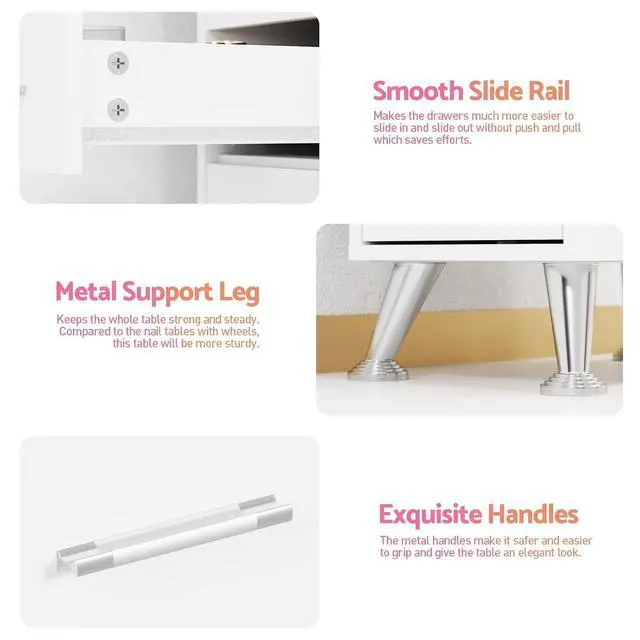 Alt view image 7 of 7 - Manicure Table Nail Station w/Glass Top, Dust Collector, 4 Dust Bags, Storage Drawers & Cabinets, Nail Desk Beauty Salon Workstation (White)