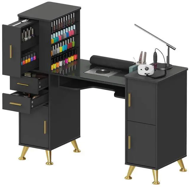 Main image of Manicure Table Nail Desk with Glass Top & Wrist Rest, Nail Station with Dust Collector & 4 Dust Bags, Beauty Salon Workstation with Storage Drawers & Cabinet (Black)