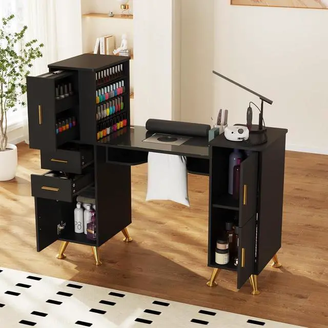 Alt view image 2 of 7 - Manicure Table Nail Desk with Glass Top & Wrist Rest, Nail Station with Dust Collector & 4 Dust Bags, Beauty Salon Workstation with Storage Drawers & Cabinet (Black)