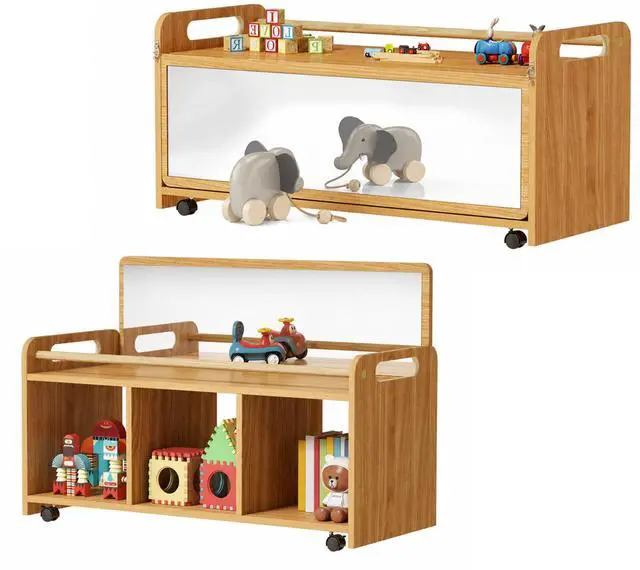 Main image of Montessori Rolling Cabinet with Mirror, Push Handles & Lockable Casters | Flip-Up Mirror with Two Viewing Heights, 3 Open Storage Compartments, Rounded Edges, Ideal for Daycare, Classroom & Home