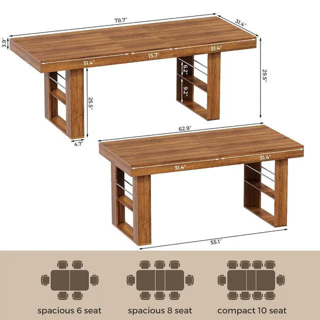 Alt view image 2 of 7 - 63"-78" Extendable Dining Table Rectangle Kitchen Table for 6-8 (Walnut) | Table Leg Storage Shelf, Thickened Walnut Grain Tabletop, Modern Farmhouse Style, Kitchen, Dining, Office, Family Gatherings
