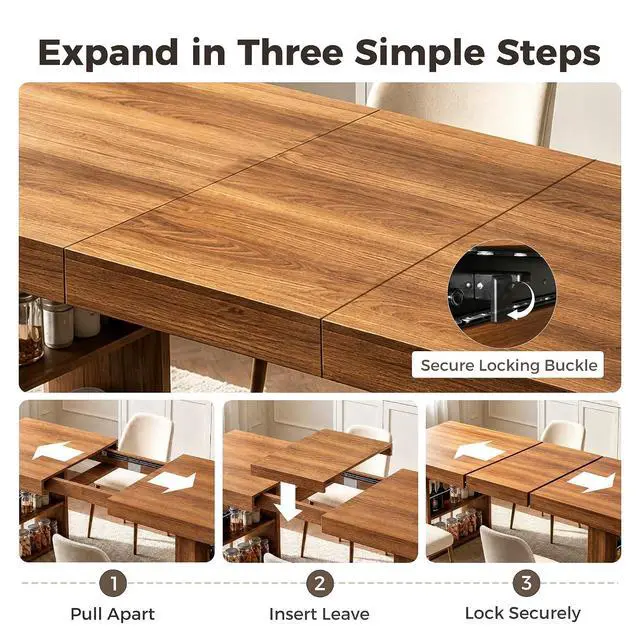 Alt view image 3 of 7 - 63"-78" Extendable Dining Table Rectangle Kitchen Table for 6-8 (Walnut) | Table Leg Storage Shelf, Thickened Walnut Grain Tabletop, Modern Farmhouse Style, Kitchen, Dining, Office, Family Gatherings