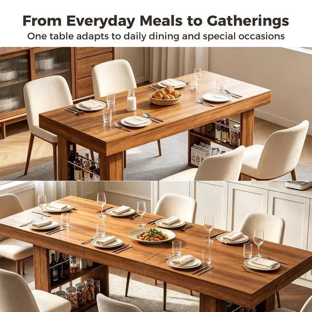 Alt view image 4 of 7 - 63"-78" Extendable Dining Table Rectangle Kitchen Table for 6-8 (Walnut) | Table Leg Storage Shelf, Thickened Walnut Grain Tabletop, Modern Farmhouse Style, Kitchen, Dining, Office, Family Gatherings