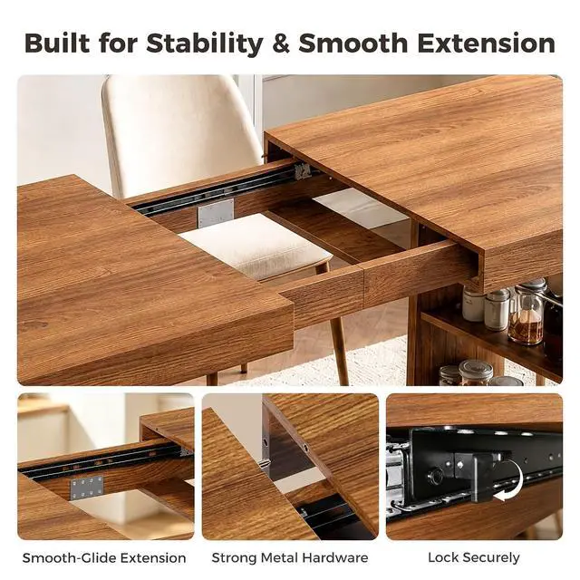 Alt view image 7 of 7 - 63"-78" Extendable Dining Table Rectangle Kitchen Table for 6-8 (Walnut) | Table Leg Storage Shelf, Thickened Walnut Grain Tabletop, Modern Farmhouse Style, Kitchen, Dining, Office, Family Gatherings