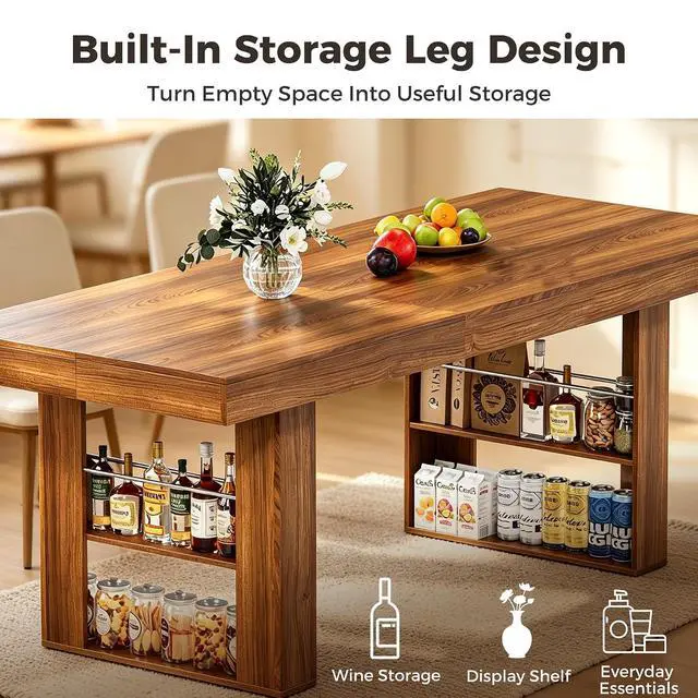 Alt view image 5 of 7 - 63"-78" Extendable Dining Table Rectangle Kitchen Table for 6-8 (Walnut) | Table Leg Storage Shelf, Thickened Walnut Grain Tabletop, Modern Farmhouse Style, Kitchen, Dining, Office, Family Gatherings