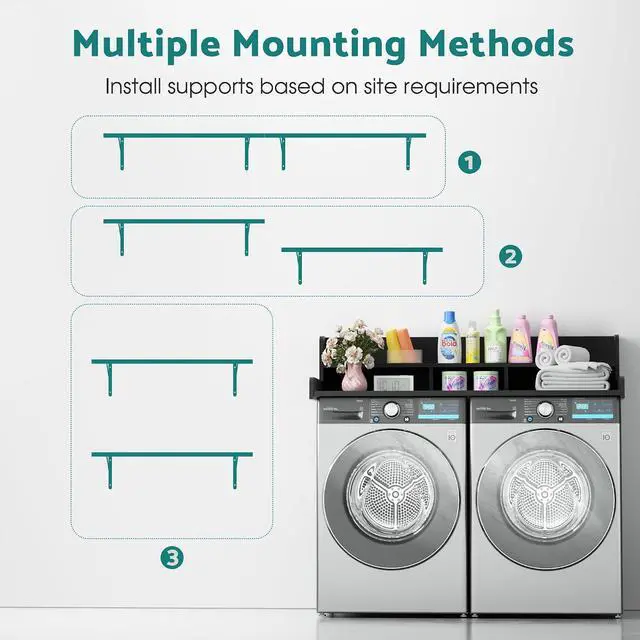 Alt view image 4 of 7 - Washer Dryer Countertop with Floating Shelf, Wooden Laundry Countertop Over Washer and Dryer with Storage, 2-Tier Anti-Slip Laundry Machine Topper (Black)