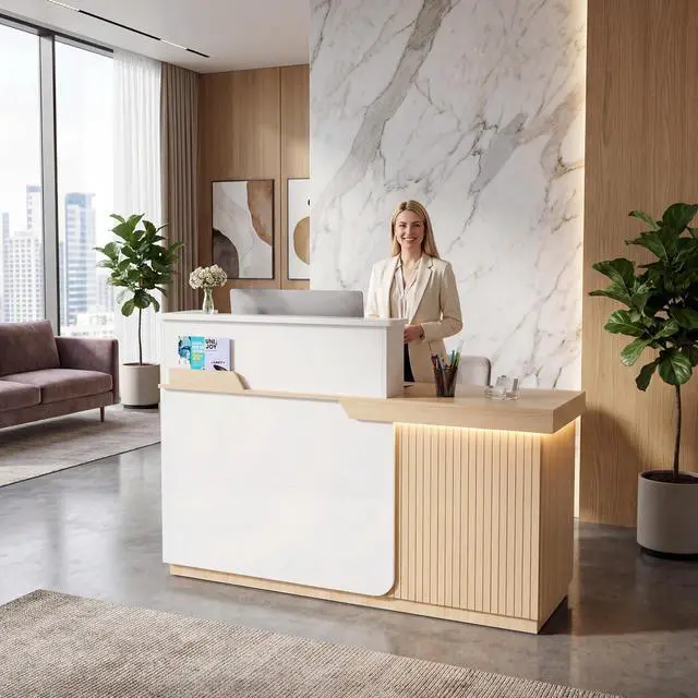 Alt view image 4 of 7 - Modern Reception Desk with LED, 63 Fluted Front Desk with Lockable Drawer, Cabinet and Sliding Tray, Large Reception Counter Table for Office Lobby Nail Salon Clinic (Maple)