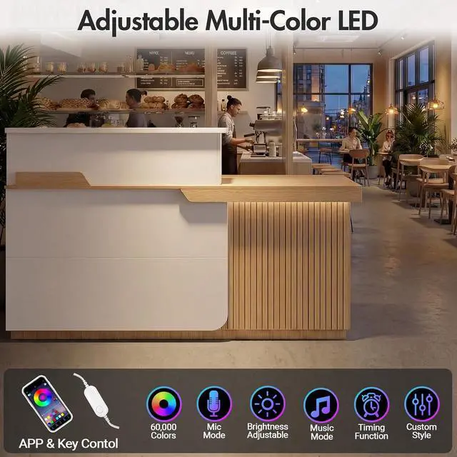 Alt view image 6 of 7 - Modern Reception Desk with LED, 63 Fluted Front Desk with Lockable Drawer, Cabinet and Sliding Tray, Large Reception Counter Table for Office Lobby Nail Salon Clinic (Maple)