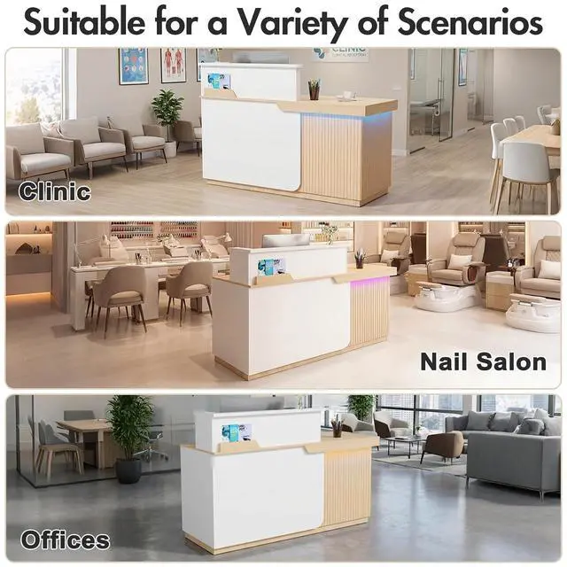 Alt view image 7 of 7 - Modern Reception Desk with LED, 63 Fluted Front Desk with Lockable Drawer, Cabinet and Sliding Tray, Large Reception Counter Table for Office Lobby Nail Salon Clinic (Maple)