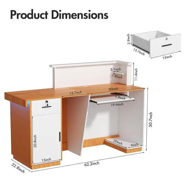 Alt view image 2 of 7 - Modern Reception Desk with LED, 63 Fluted Front Desk with Lockable Drawer, Cabinet and Sliding Tray, Large Reception Counter Table for Office Lobby Nail Salon Clinic (Red Oak)