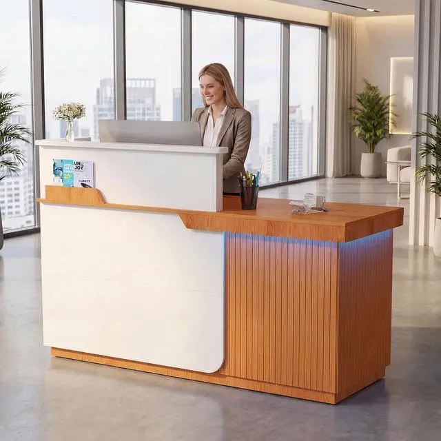 Alt view image 3 of 7 - Modern Reception Desk with LED, 63 Fluted Front Desk with Lockable Drawer, Cabinet and Sliding Tray, Large Reception Counter Table for Office Lobby Nail Salon Clinic (Red Oak)