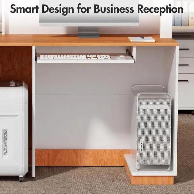 Alt view image 6 of 7 - Modern Reception Desk with LED, 63 Fluted Front Desk with Lockable Drawer, Cabinet and Sliding Tray, Large Reception Counter Table for Office Lobby Nail Salon Clinic (Red Oak)