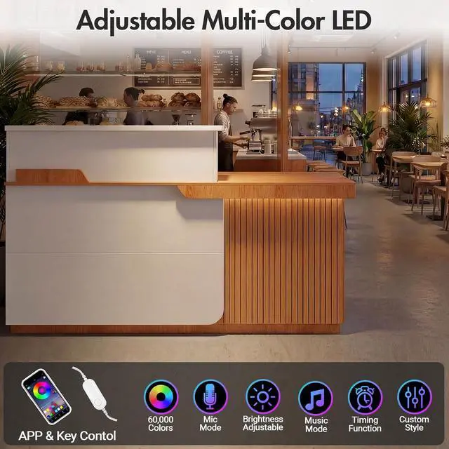 Alt view image 4 of 7 - Modern Reception Desk with LED, 63 Fluted Front Desk with Lockable Drawer, Cabinet and Sliding Tray, Large Reception Counter Table for Office Lobby Nail Salon Clinic (Red Oak)